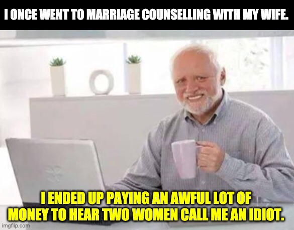 Marriage Counseling | I ONCE WENT TO MARRIAGE COUNSELLING WITH MY WIFE. I ENDED UP PAYING AN AWFUL LOT OF MONEY TO HEAR TWO WOMEN CALL ME AN IDIOT. | image tagged in harold | made w/ Imgflip meme maker