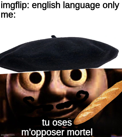 i couldn't have done it better... | imgflip: english language only
me:; tu oses m'opposer mortel | image tagged in you dare oppose me mortal,french,imgflip,memes,evil | made w/ Imgflip meme maker