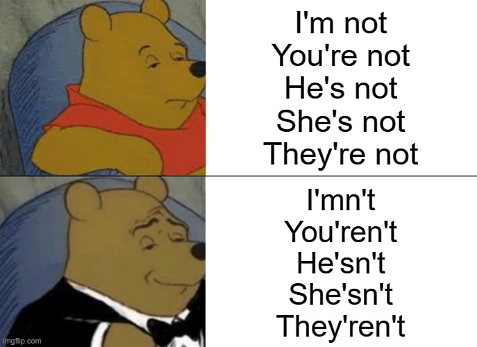 I'mn't gonna lie, these sound pretty cool | I'm not
You're not
He's not
She's not
They're not; I'mn't
You'ren't
He'sn't
She'sn't
They'ren't | image tagged in memes,tuxedo winnie the pooh,funny,stop reading the tags,grammar,oh wow are you actually reading these tags | made w/ Imgflip meme maker