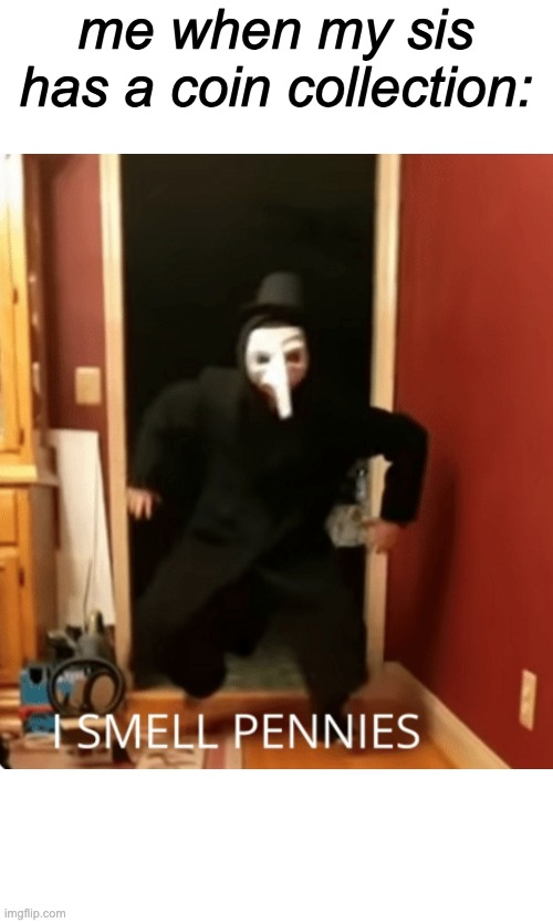 i like to collect interesting coins okay!? | me when my sis has a coin collection: | image tagged in i smell pennies meme template | made w/ Imgflip meme maker