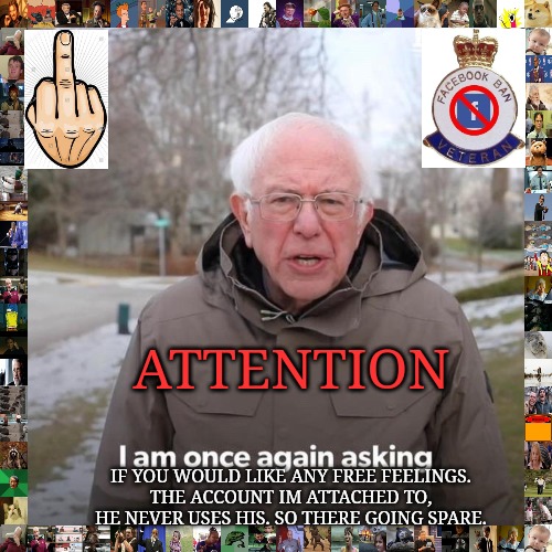 Once again asking | ATTENTION; IF YOU WOULD LIKE ANY FREE FEELINGS.
THE ACCOUNT IM ATTACHED TO, HE NEVER USES HIS. SO THERE GOING SPARE. | image tagged in memes,bernie i am once again asking for your support | made w/ Imgflip meme maker