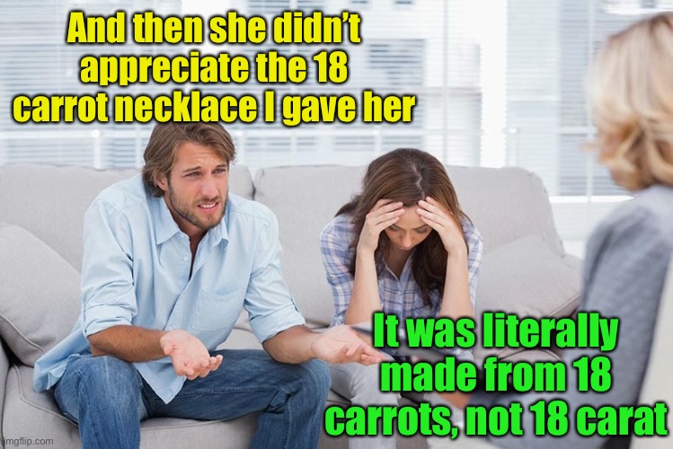 couples therapy | And then she didn’t appreciate the 18 carrot necklace I gave her; It was literally made from 18 carrots, not 18 carat | image tagged in couples therapy | made w/ Imgflip meme maker