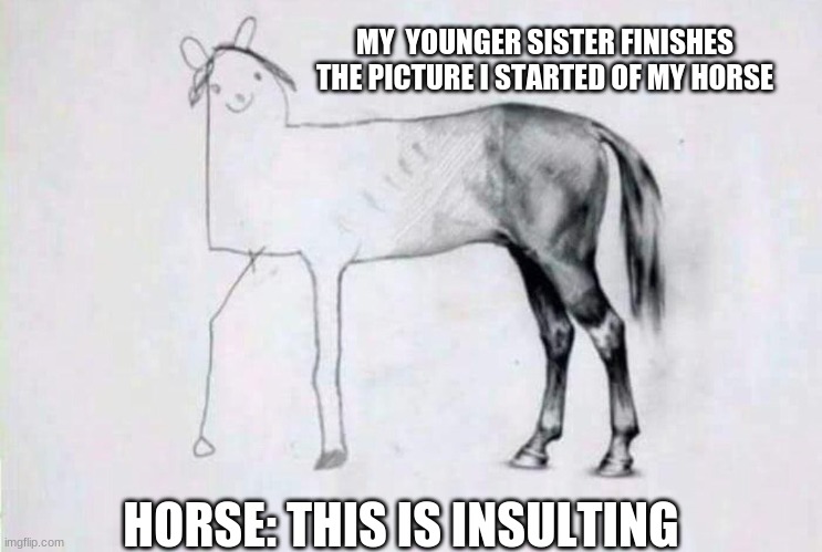 Half badly drawn horse | MY  YOUNGER SISTER FINISHES THE PICTURE I STARTED OF MY HORSE; HORSE: THIS IS INSULTING | image tagged in half badly drawn horse | made w/ Imgflip meme maker