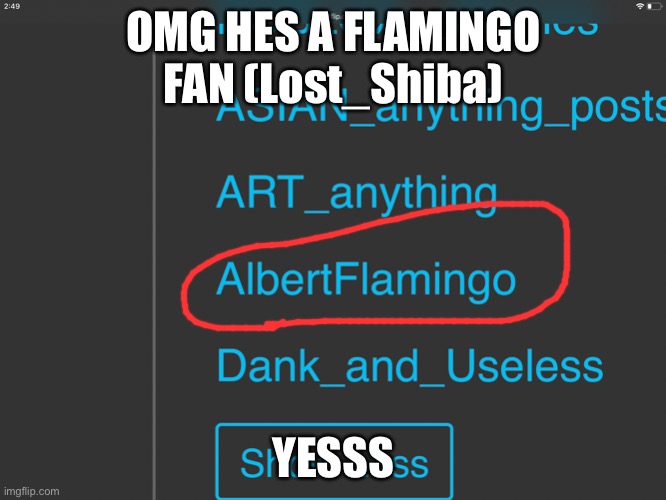 YESS LOST_SHIBA UR THE BEST | OMG HES A FLAMINGO FAN (Lost_Shiba); YESSS | image tagged in lost_shiba spyed | made w/ Imgflip meme maker
