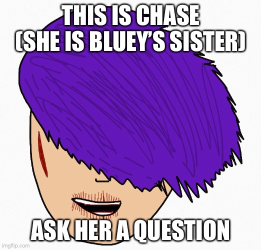 THIS IS CHASE (SHE IS BLUEY’S SISTER); ASK HER A QUESTION | image tagged in uwu | made w/ Imgflip meme maker