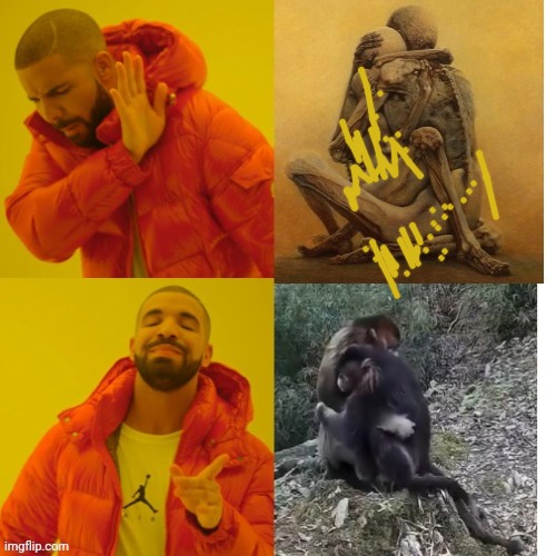 -Apes doing hugs. | image tagged in drake hotline bling,planet of the apes,free hugs,artistic,views,sexy image | made w/ Imgflip meme maker
