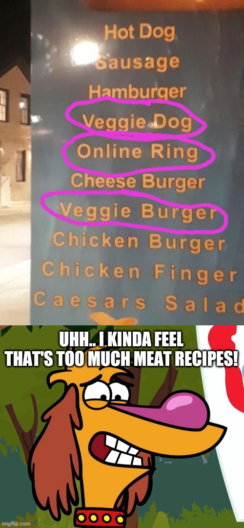You've got to be kidding me!! | UHH.. I KINDA FEEL THAT'S TOO MUCH MEAT RECIPES! | image tagged in confused hal nature cat,funny,you had one job,memes | made w/ Imgflip meme maker