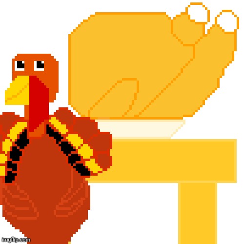 The Turkey and the roasted turkey pixel artwork | image tagged in thanksgiving,thanksgiving dinner,turkey,drawings,artwork,roasted turkey | made w/ Imgflip meme maker