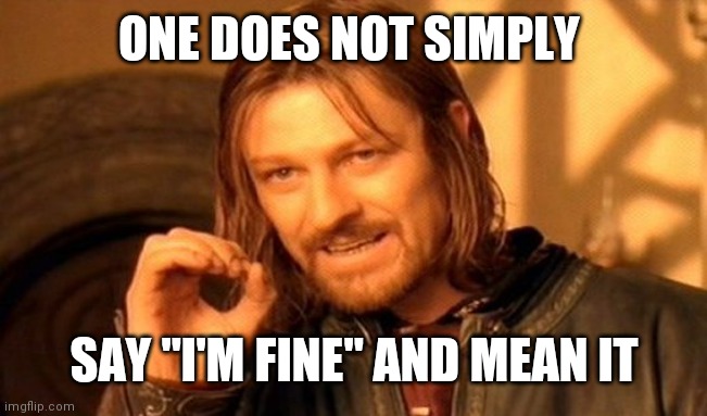 One Does Not Simply | ONE DOES NOT SIMPLY; SAY "I'M FINE" AND MEAN IT | image tagged in memes,one does not simply | made w/ Imgflip meme maker