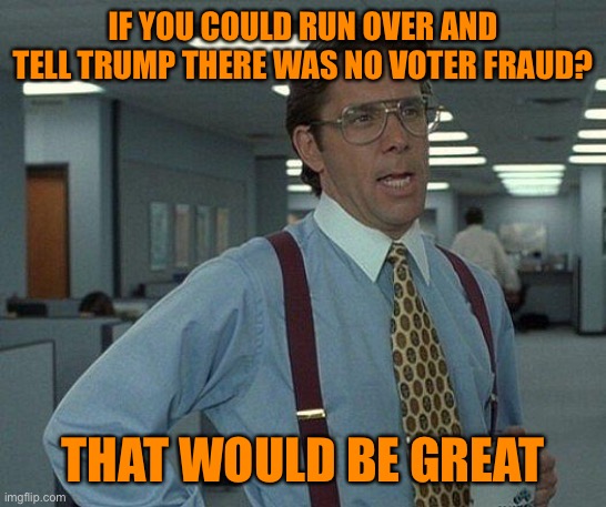 Yeah if you could  | IF YOU COULD RUN OVER AND TELL TRUMP THERE WAS NO VOTER FRAUD? THAT WOULD BE GREAT | image tagged in yeah if you could | made w/ Imgflip meme maker