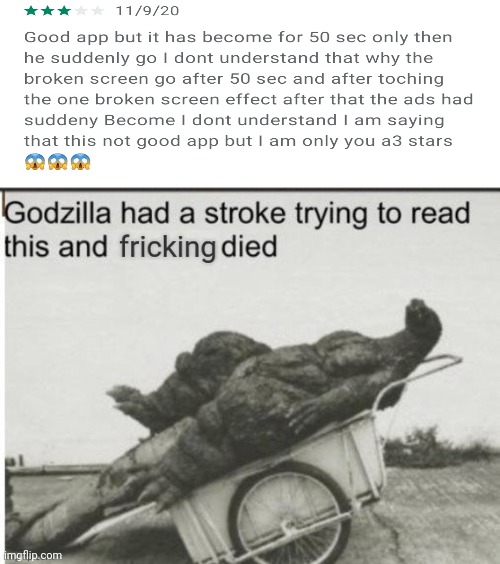 This is a review for a broken screen prank app | image tagged in godzilla had a stroke trying to read this and fricking died | made w/ Imgflip meme maker
