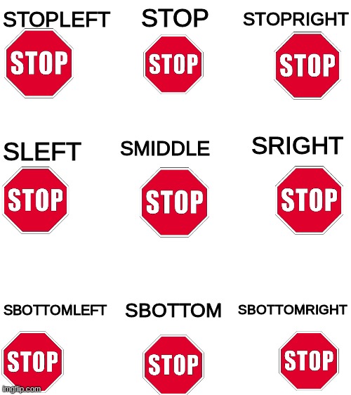 Sdirections | STOPRIGHT; STOPLEFT; STOP; SRIGHT; SLEFT; SMIDDLE; SBOTTOMLEFT; SBOTTOMRIGHT; SBOTTOM | image tagged in blank white template,stop,memes,funny | made w/ Imgflip meme maker