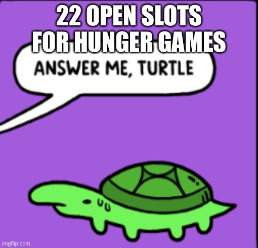 Answer me turtle | 22 OPEN SLOTS FOR HUNGER GAMES | image tagged in answer me turtle | made w/ Imgflip meme maker