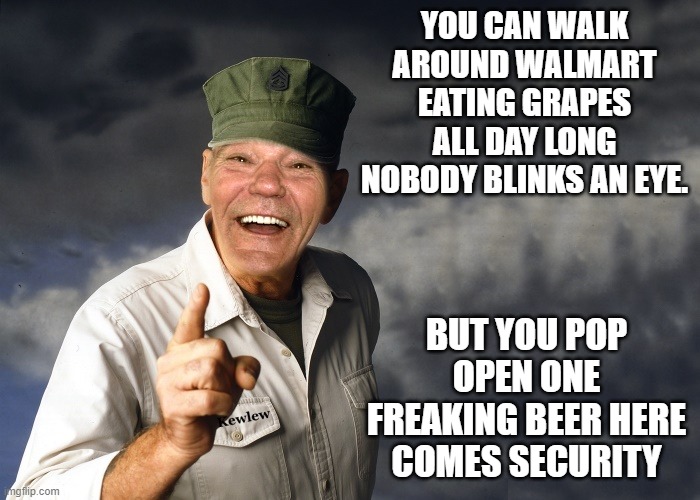 it all depends | YOU CAN WALK AROUND WALMART EATING GRAPES ALL DAY LONG NOBODY BLINKS AN EYE. BUT YOU POP OPEN ONE FREAKING BEER HERE COMES SECURITY | image tagged in kewlew,beer | made w/ Imgflip meme maker