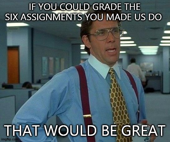 That Would Be Great | IF YOU COULD GRADE THE SIX ASSIGNMENTS YOU MADE US DO; THAT WOULD BE GREAT | image tagged in memes,that would be great | made w/ Imgflip meme maker