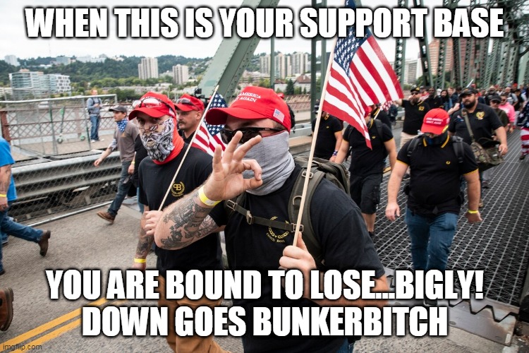 trump and his nazi followers lost bigly!!! | WHEN THIS IS YOUR SUPPORT BASE; YOU ARE BOUND TO LOSE...BIGLY!
DOWN GOES BUNKERBITCH | image tagged in morons | made w/ Imgflip meme maker