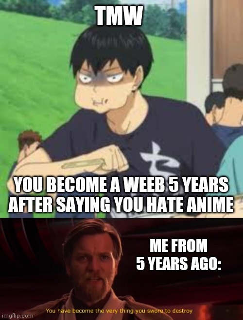 TMW; YOU BECOME A WEEB 5 YEARS AFTER SAYING YOU HATE ANIME; ME FROM 5 YEARS AGO: | image tagged in kageyama choking,weeb,anime | made w/ Imgflip meme maker