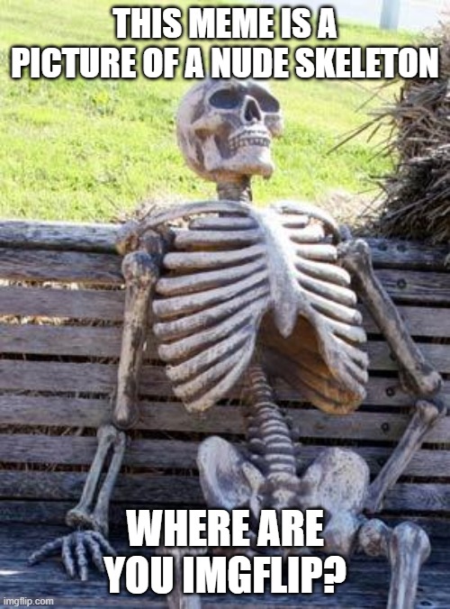 imgflip fails | THIS MEME IS A PICTURE OF A NUDE SKELETON; WHERE ARE YOU IMGFLIP? | image tagged in memes,waiting skeleton | made w/ Imgflip meme maker
