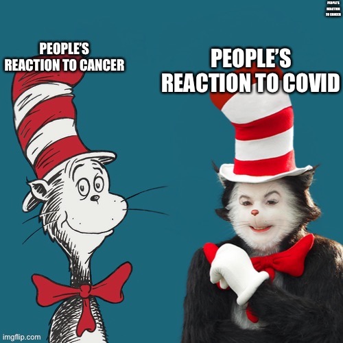 Cat and the hat meme | PEOPLE’S REACTION TO CANCER; PEOPLE’S REACTION TO COVID; PEOPLE’S REACTION TO CANCER | image tagged in cat and the hat meme | made w/ Imgflip meme maker
