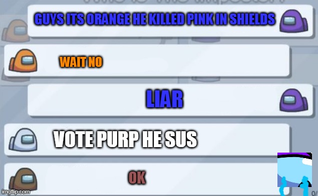 rip purp | GUYS ITS ORANGE HE KILLED PINK IN SHIELDS; WAIT NO; LIAR; VOTE PURP HE SUS; OK | image tagged in among us chat | made w/ Imgflip meme maker