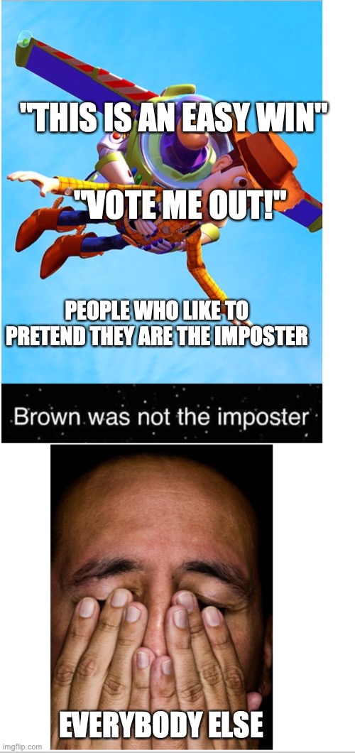 Annoying Among Us Players | "THIS IS AN EASY WIN"; "VOTE ME OUT!"; PEOPLE WHO LIKE TO PRETEND THEY ARE THE IMPOSTER; EVERYBODY ELSE | image tagged in hahaha | made w/ Imgflip meme maker