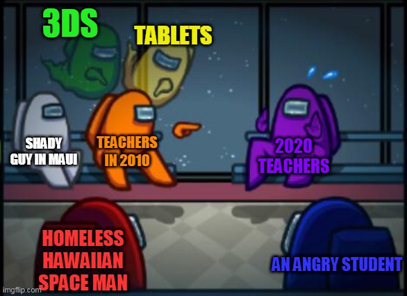 randomness | 3DS; TABLETS; SHADY GUY IN MAUI; TEACHERS IN 2010; 2020 TEACHERS; HOMELESS HAWAIIAN SPACE MAN; AN ANGRY STUDENT | image tagged in among us blame | made w/ Imgflip meme maker
