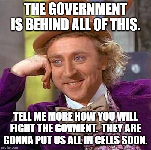 Creepy Condescending Wonka Meme | THE GOVERNMENT IS BEHIND ALL OF THIS. TELL ME MORE HOW YOU WILL FIGHT THE GOVMENT.  THEY ARE GONNA PUT US ALL IN CELLS SOON. | image tagged in memes,creepy condescending wonka | made w/ Imgflip meme maker