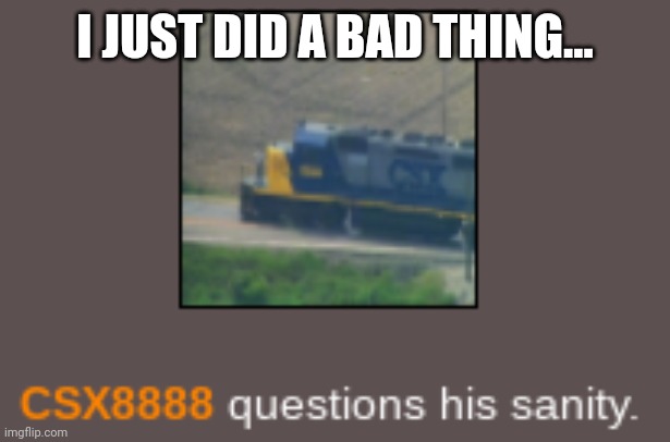 CSX8888 questions his sanity | I JUST DID A BAD THING... | image tagged in csx8888 questions his sanity | made w/ Imgflip meme maker