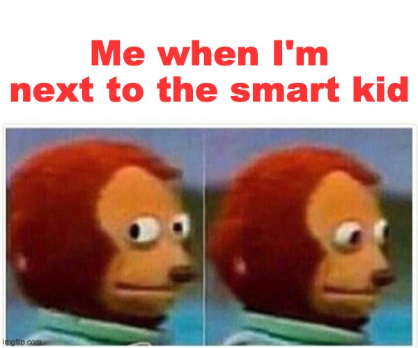 I am the smart kid | Me when I'm next to the smart kid | image tagged in memes,monkey puppet | made w/ Imgflip meme maker