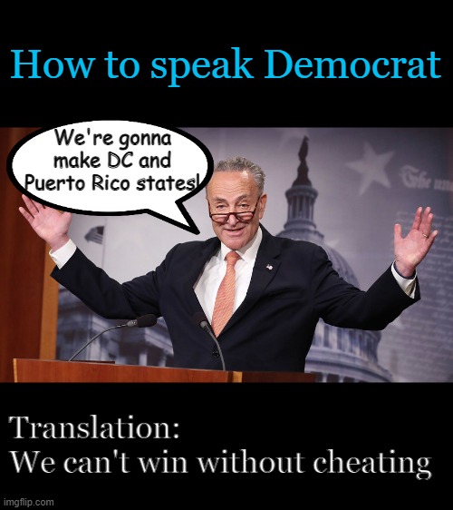 They don't even try to hide it | How to speak Democrat; We're gonna make DC and Puerto Rico states! Translation:
We can't win without cheating | image tagged in chuck schumer,cheating,democrat hypocrisy,electioneering | made w/ Imgflip meme maker