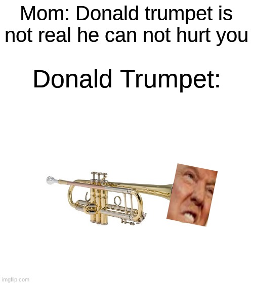 Donald Trumpet | Mom: Donald trumpet is not real he can not hurt you; Donald Trumpet: | image tagged in blank white template | made w/ Imgflip meme maker