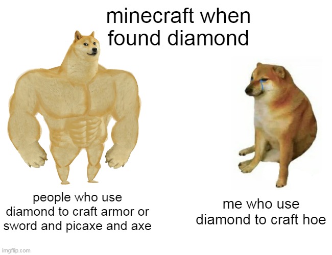Buff Doge vs. Cheems | minecraft when found diamond; people who use diamond to craft armor or sword and picaxe and axe; me who use diamond to craft hoe | image tagged in memes,buff doge vs cheems | made w/ Imgflip meme maker
