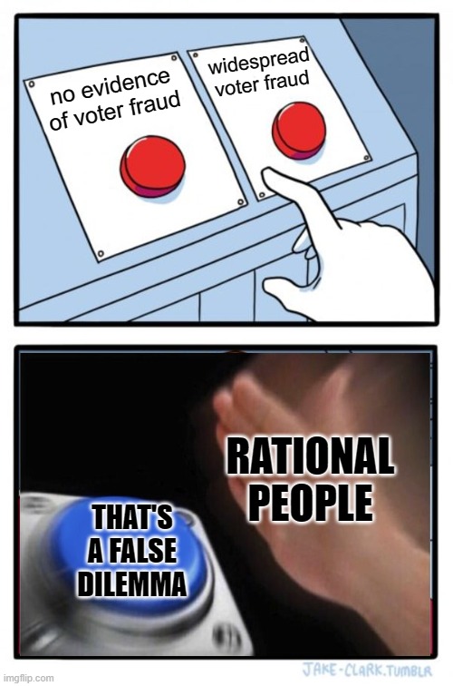 Remember kids, admitting to any voter fraud means Trump automatically wins the election. | widespread voter fraud; no evidence of voter fraud; RATIONAL PEOPLE; THAT'S A FALSE DILEMMA | image tagged in memes,two buttons | made w/ Imgflip meme maker