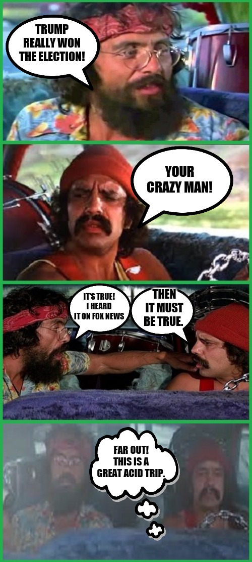 Cheech and Chong | TRUMP REALLY WON THE ELECTION! YOUR CRAZY MAN! IT'S TRUE! I HEARD IT ON FOX NEWS; THEN IT MUST BE TRUE. FAR OUT!
THIS IS A GREAT ACID TRIP. | image tagged in cheech and chong | made w/ Imgflip meme maker