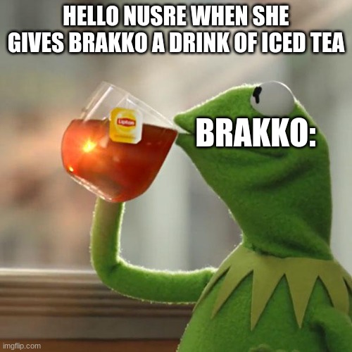 But That's None Of My Business | HELLO NUSRE WHEN SHE GIVES BRAKKO A DRINK OF ICED TEA; BRAKKO: | image tagged in memes,but that's none of my business,kermit the frog | made w/ Imgflip meme maker