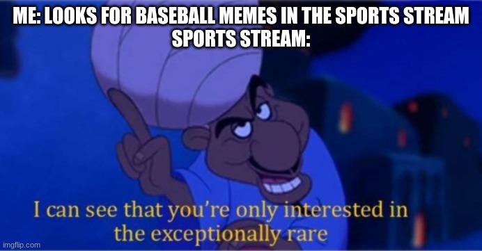 i see you're only interested in the exceptionally rare | ME: LOOKS FOR BASEBALL MEMES IN THE SPORTS STREAM
SPORTS STREAM: | image tagged in i see you're only interested in the exceptionally rare | made w/ Imgflip meme maker