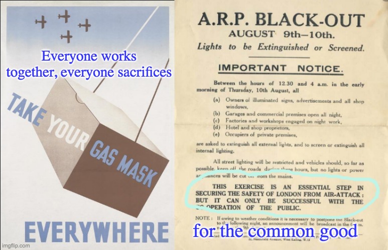 If you want to compare mask rules to something from WWII, compare them to this. | Everyone works together, everyone sacrifices; for the common good | image tagged in wwii,ww2,masks,covid-19,safety | made w/ Imgflip meme maker