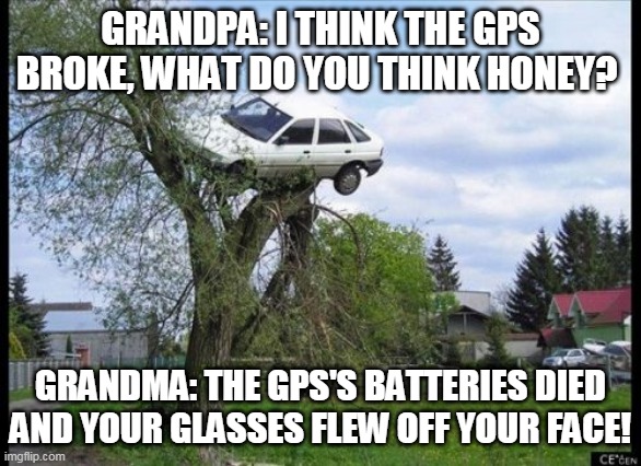 what have we learned? | GRANDPA: I THINK THE GPS BROKE, WHAT DO YOU THINK HONEY? GRANDMA: THE GPS'S BATTERIES DIED AND YOUR GLASSES FLEW OFF YOUR FACE! | image tagged in memes,secure parking | made w/ Imgflip meme maker