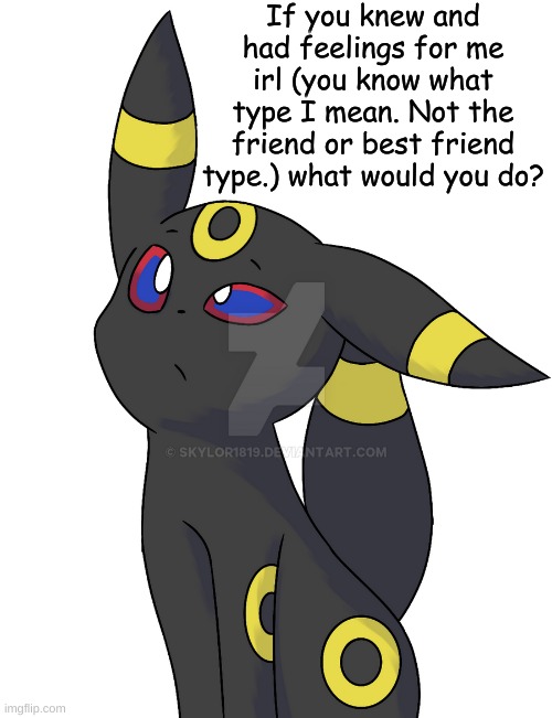 Confused Umbreon | If you knew and had feelings for me irl (you know what type I mean. Not the friend or best friend type.) what would you do? | image tagged in confused umbreon | made w/ Imgflip meme maker