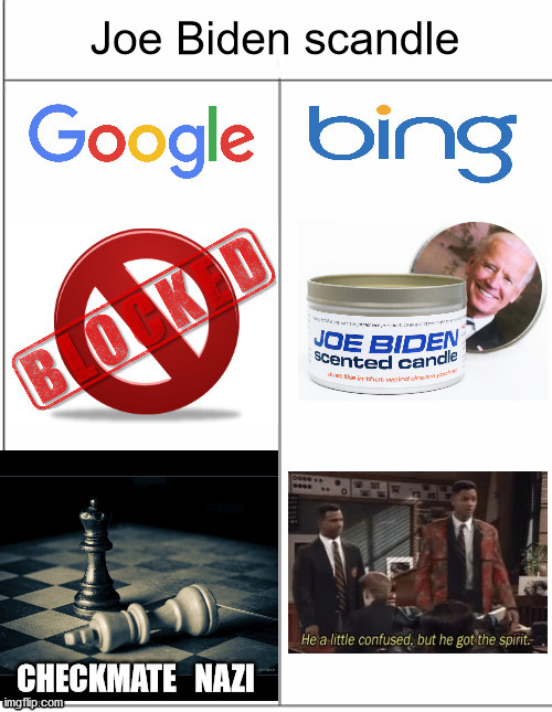 Google vs. Bing censorship | Joe Biden scandle | image tagged in google vs bing censorship,creepy joe biden,censorship,fascism,google search | made w/ Imgflip meme maker