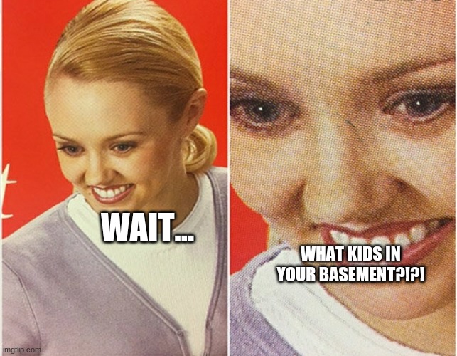 WAIT WHAT? | WAIT... WHAT KIDS IN YOUR BASEMENT?!?! | image tagged in wait what | made w/ Imgflip meme maker