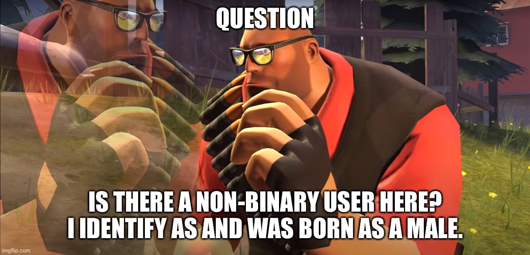 Just a random thought that popped in my head. | QUESTION; IS THERE A NON-BINARY USER HERE? I IDENTIFY AS AND WAS BORN AS A MALE. | image tagged in heavy is thinking | made w/ Imgflip meme maker