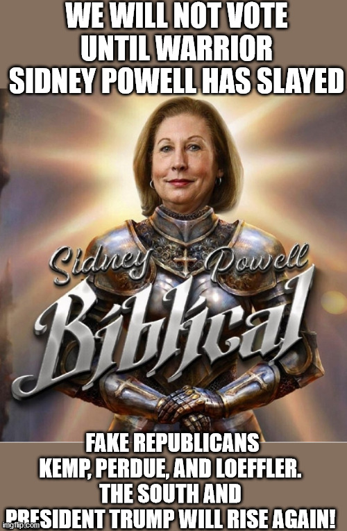 Sidney Powell the Warrior | WE WILL NOT VOTE UNTIL WARRIOR SIDNEY POWELL HAS SLAYED; FAKE REPUBLICANS KEMP, PERDUE, AND LOEFFLER.
THE SOUTH AND PRESIDENT TRUMP WILL RISE AGAIN! | image tagged in sidney powell,president trump,fake republicans,georgia senate runoff,perdue loeffler,dominion | made w/ Imgflip meme maker