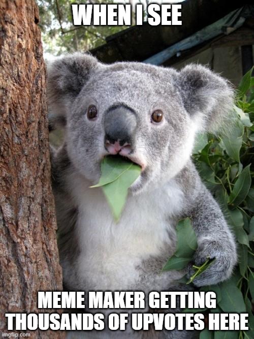 Surprised Koala Meme | WHEN I SEE; MEME MAKER GETTING THOUSANDS OF UPVOTES HERE | image tagged in memes,surprised koala | made w/ Imgflip meme maker