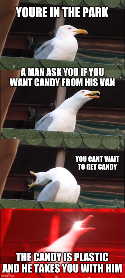 Inhaling Seagull Meme | YOURE IN THE PARK; A MAN ASK YOU IF YOU WANT CANDY FROM HIS VAN; YOU CANT WAIT TO GET CANDY; THE CANDY IS PLASTIC AND HE TAKES YOU WITH HIM | image tagged in memes,inhaling seagull | made w/ Imgflip meme maker