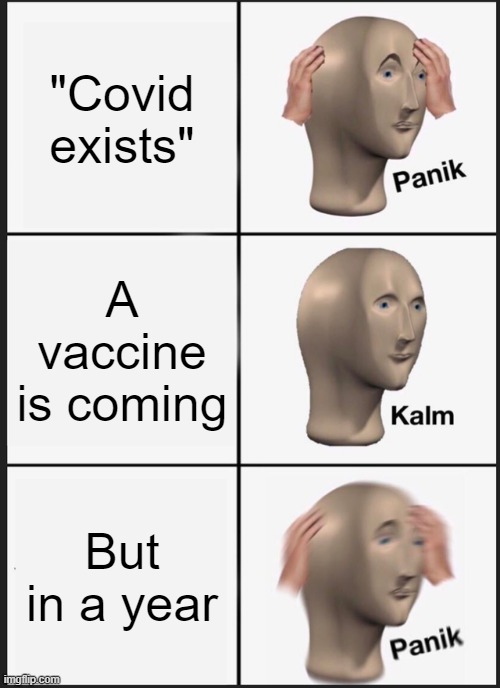 Panik Kalm Panik Meme | "Covid exists"; A vaccine is coming; But in a year | image tagged in memes,panik kalm panik | made w/ Imgflip meme maker