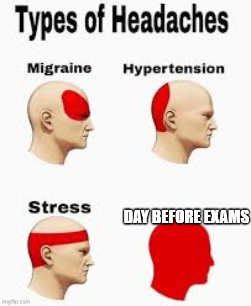 Exams are coming! | DAY BEFORE EXAMS | image tagged in big headache,exams | made w/ Imgflip meme maker
