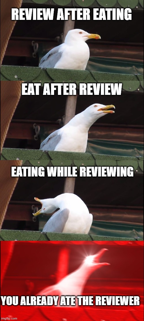 Inhaling Seagull Meme | REVIEW AFTER EATING; EAT AFTER REVIEW; EATING WHILE REVIEWING; YOU ALREADY ATE THE REVIEWER | image tagged in memes,inhaling seagull | made w/ Imgflip meme maker