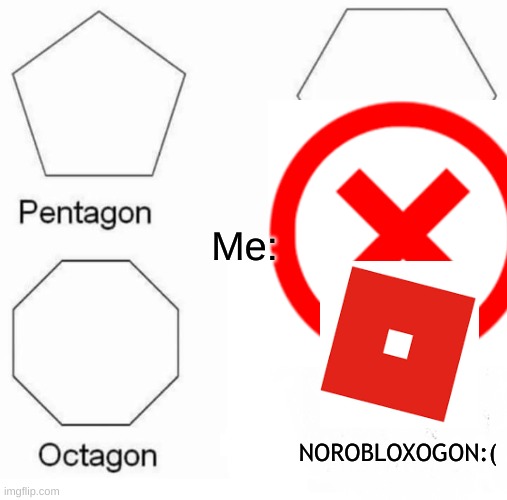 Me:; NOROBLOXOGON:( | image tagged in pentagon hexagon octagon | made w/ Imgflip meme maker