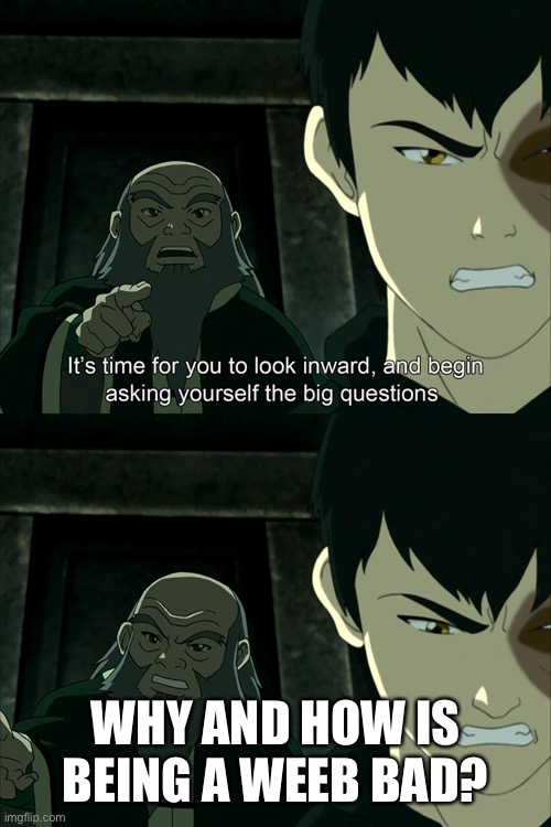 I’m a weeb and I’m proud | WHY AND HOW IS BEING A WEEB BAD? | image tagged in uncle iroh big question,weebs,weeb | made w/ Imgflip meme maker